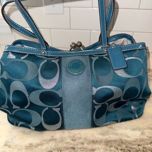 Coach Teal Signature Jacquard Shoulder Tote